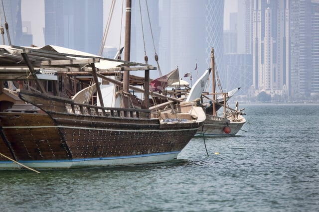 Traditional Dhows Anchored In Doha Bay